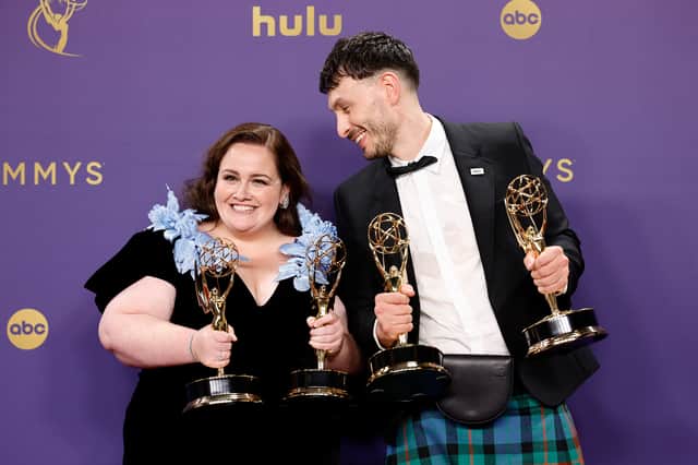 Jessica Gunning and Richard Gadd, winners of the Outstanding Limited or Anthology Series for Baby Reindeer during the 76th Primetime Emmy Awards.