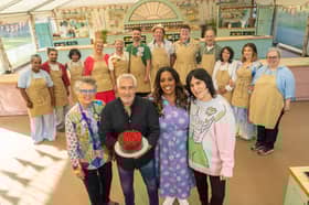 The Great British Bake Off judges Prue Leith and Paul Hollywood, and presenters Alison Hammond and Noel Fielding with 2024 contestants (back row, left to right) Illiyin, Dylan, Sumayah, Nelly, John, Christiaan, Andy, Mike, Jeff, Hazel, Georgie and Gill. 