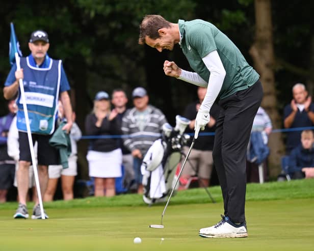 Andy Murray celebrates holing a putt with a fist pump in the BMW PGA Championship Pro-Am at Wentworth. Picture: Ross Kinniard/Getty Images