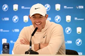 Rory McIlroy speaks to the media ahead of the BMW PGA Championship at Wentworth Club. Picture: Ross Kinnaird/Getty Images 