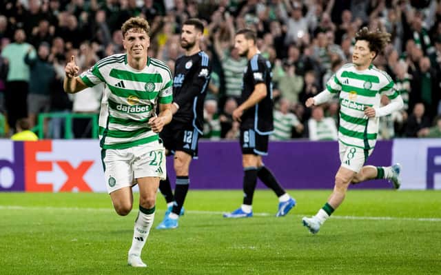 Celtic's Arne Engels celebrates scoring to make it 3-0 over SK Slovan Bratislava at Celtic Park. (Photo by Craig Williamson / SNS Group)