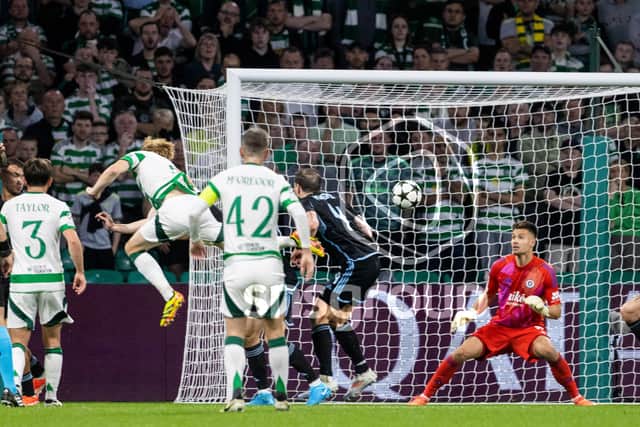Celtic's Liam Scales scores a header to make it 1-0 over SK Slovan Bratislava. (Photo by Alan Harvey / SNS Group)