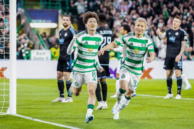 Celtic's Kyogo Furuhashi celebrates scoring to make it 2-0 over Slovan Bratislava in the Champions League. (Photo by Craig Williamson / SNS Group)