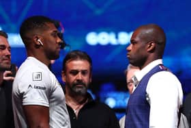 Anthony Joshua and Daniel Dubois face off during the Anthony Joshua v Daniel Dubois IBF Heavyweight World Title fight announcement press conference. Cr: Getty Images.
