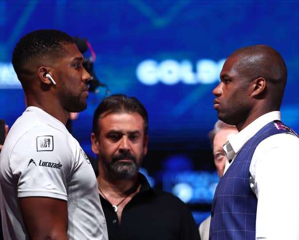 Anthony Joshua and Daniel Dubois face off during the Anthony Joshua v Daniel Dubois IBF Heavyweight World Title fight announcement press conference. Cr: Getty Images.