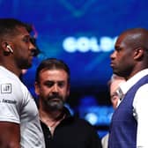 Anthony Joshua and Daniel Dubois face off during the Anthony Joshua v Daniel Dubois IBF Heavyweight World Title fight announcement press conference. Cr: Getty Images.