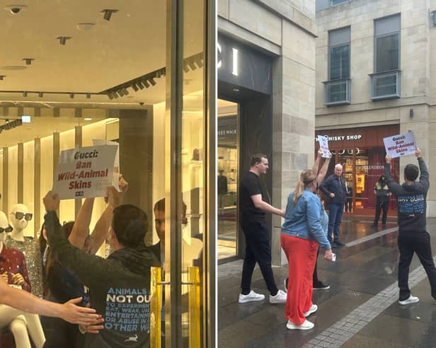 The Peta protestors interrupted the opening of Gucci in Edinburgh, the brand's first standalone UK store outside of London. 