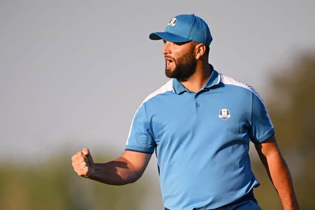 Jon Rahm celebrates holing a putt in last year’s Ryder Cup in Rome. Picture: Ross Kinnaird/Getty Images