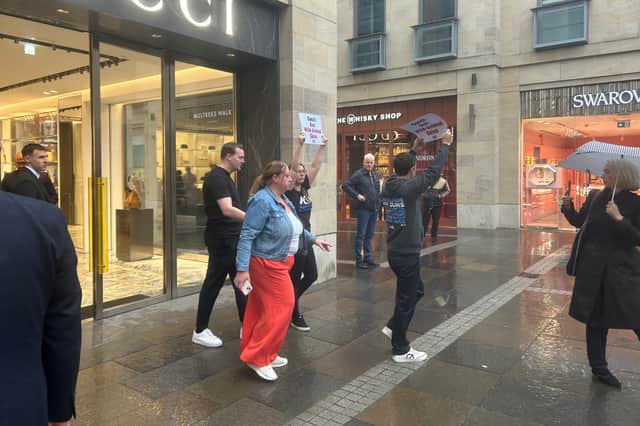 Protestors from Peta disrupted the opening of Gucci Edinburgh, calling on the fashion giant to end the use of animal skins.