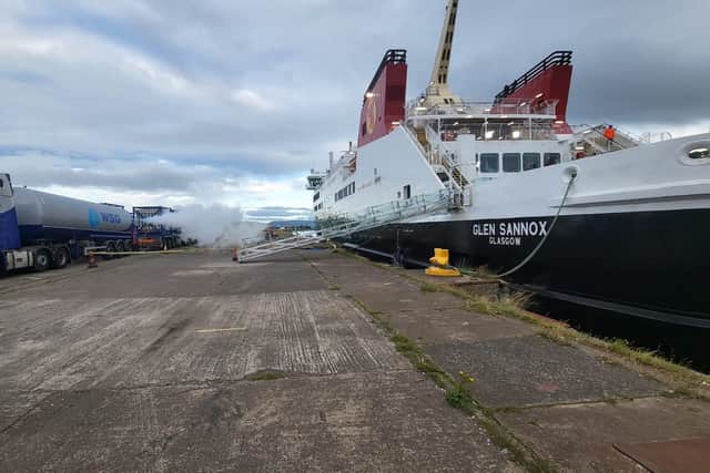The process of bunkering LNG onto the Glen Sannox taking place. Picture: Ferguson Marine