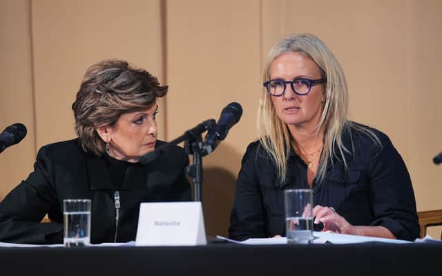 American Attorney Gloria Allred listens as one of Mr Al Fayed's accusers, Natacha (right), who featured in 'Al-Fayed: Predator at Harrods' speaks during a press conference to discuss her involvement in the investigation and the legal claim against Harrods for failing to provide a safe system of work for their employees. Photo: Yui Mok/PA Wire