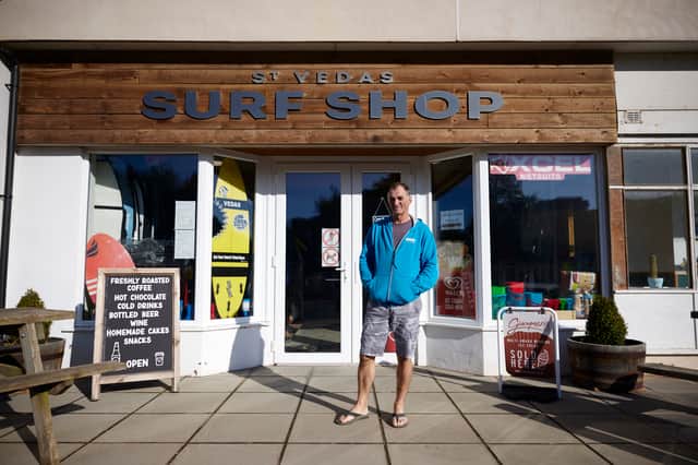 Steve Powner outside the St Vedas Surf Shop, Coldingham