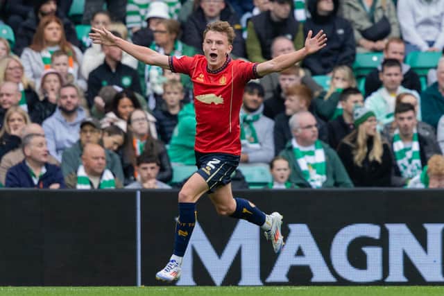 Finn Yeats celebrates after putting Falkirk 2-1 ahead at Celtic Park late in the first half. (Photo by Craig Foy / SNS Group)