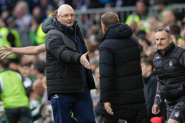 Celtic manager Brendan Rodgers and Falkirk counterpart John McGlynn shake hands at the end of the match. (Photo by Craig Foy / SNS Group)