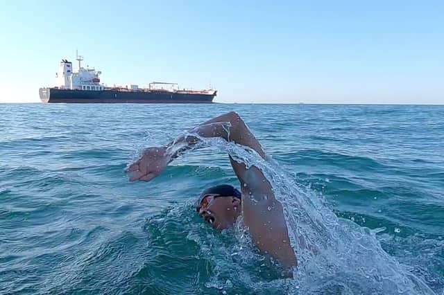 Andy Donaldson swimming across the English Channel in 2022