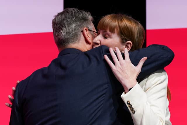 Angela Rayner, the Deputy Prime Minister, and Keir Starmer embrace after she delivered her speech at the Labour party conference in Liverpool (Picture: Ian Forsyth)