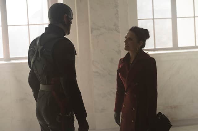 John Walker (Wyatt Russell) and Valentina Allegra DeFontaine (Julia Louis-Dreyfuss) in The Falcon and The Winter Soldier.