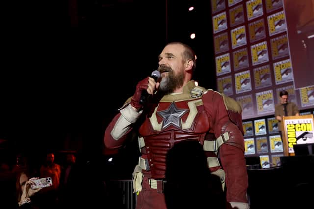 David Harbour speaks during the Marvel Studios Panel in Hall H at SDCC.