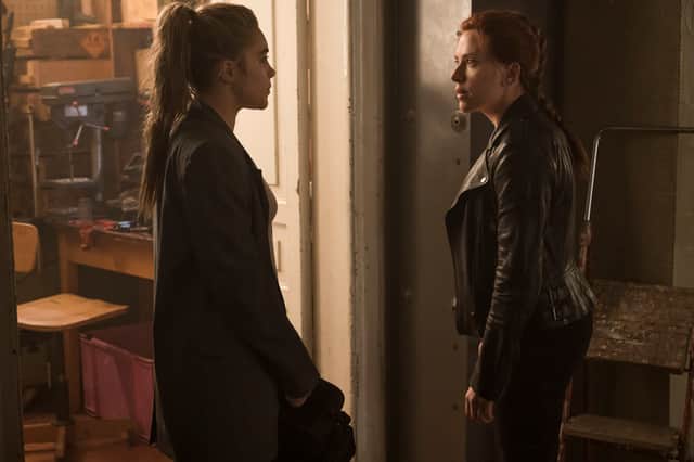 Yelena (Florence Pugh) and Black Widow/Natasha Romanoff (Scarlett Johansson) in Black Widow.