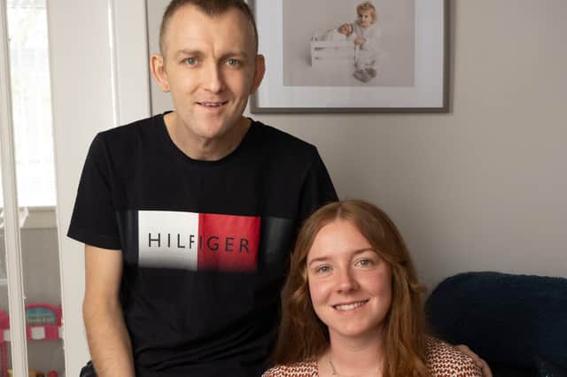 Martin Dillett with his wife, Danielle. Martin, a father of two from Broxburn, near Edinburgh, has had four liver transplants before the age of 30. Picture: Stripe Communications/PA Wire