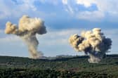 Plumes of smoke rise from the sites of Israeli airstrikes near the southern Lebanese village of Zibqin (Picture: Kawnat Haju)
