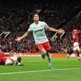 Ex-Rangers forward Sam Lammers celebrates his goal against Man Utd that earned FC Twente a 1-1 draw at Old Trafford in the Europa League opener. (Photo by Carl Recine/Getty Images)