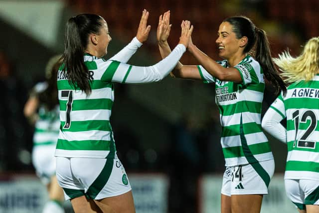 Celtic's Amy Gallacher (L) and Shannon McGregor (R) celebrate.