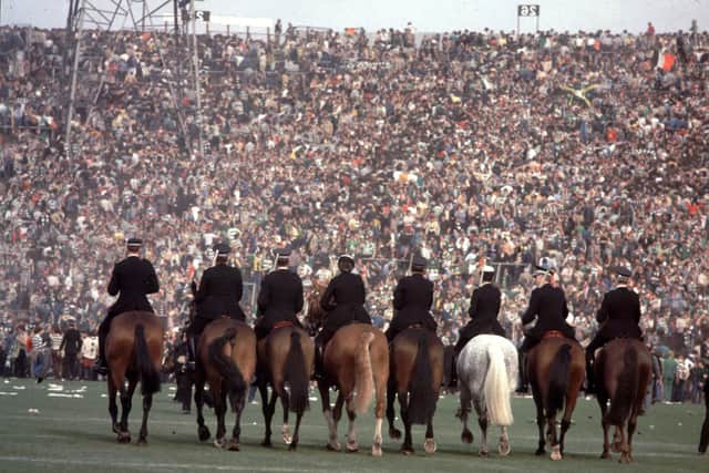 Mounted police officers intervene during the 1980 Hampden riot that prompted a ban on the sale of alcohol at football matches in Scotland.