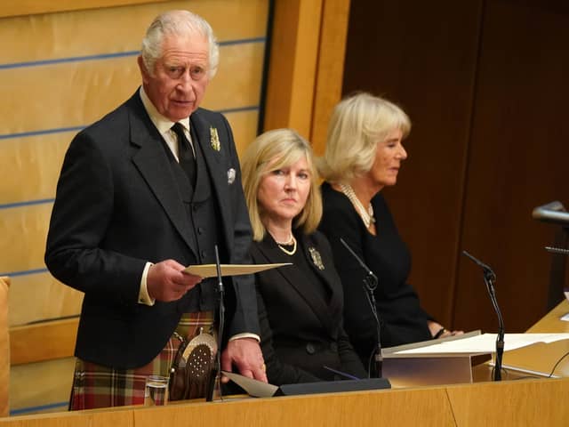 King Charles, seen speaking to the Scottish Parliament in 2022, is due to attend a musical event today to mark the 25th anniversary of devolution (Picture: Andrew Milligan/pool)