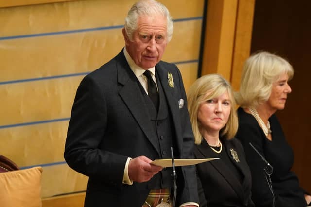 King Charles, seen speaking to the Scottish Parliament in 2022, is due to attend a musical event today to mark the 25th anniversary of devolution (Picture: Andrew Milligan/pool)