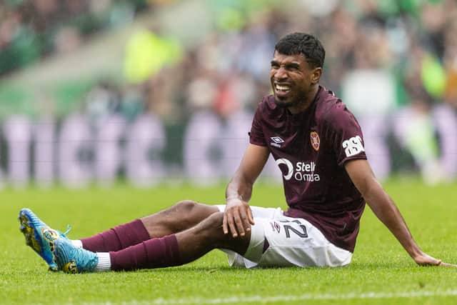 Hearts right-back Gerald Taylor could miss the rest of the season with a suspected ACL injury. (Photo by Ross MacDonald / SNS Group)