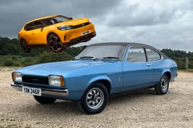 1977 Mk2 Ford Capri overlayed with an image of the new Ford Capri all-electric SUV.