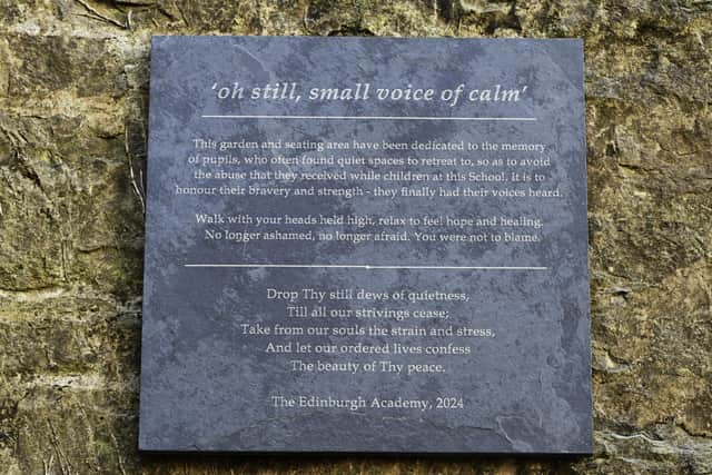 Plaque in memorial garden for former Edinburgh Academy pupils who suffered abuse