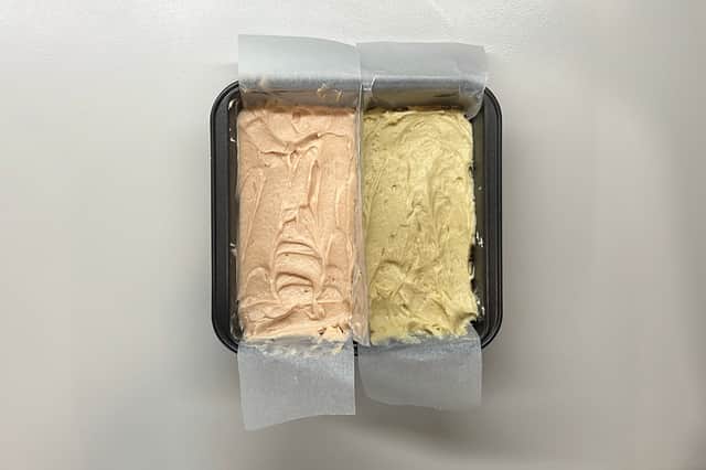 Proof I did add pink food colouring to my battenberg cake mixture... even if it didn't pan out. If you're trying this yourself add more.
