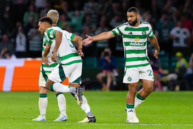 Celtic's Cameron Carter-Vickers (right) is replaced by Auston Trusty during the 5-1 win over Slovan Bratislava in the Champions League. (Photo by Craig Williamson / SNS Group)