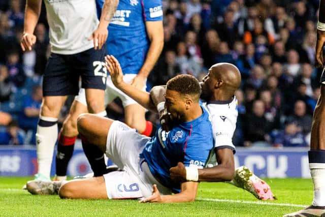 Rangers were awarded a penalty when Dundee's Mo Sylla fouled Cyriel Dessers in the box during the Premier Sports Cup quarter-final at Ibrox. (Photo by Alan Harvey / SNS Group)