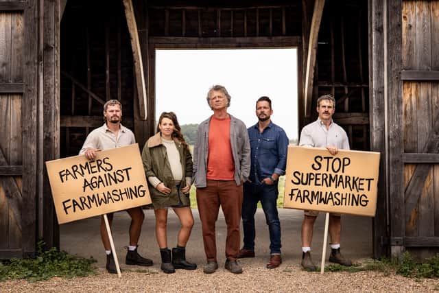 Some of those behind the Farmers Against Farmwashing campaign. From left to right: Kriss Woodhead, Zoe Colville, Guy Singh Watson (who launched the campaign), Jimmy Doherty and Ben Andrews.