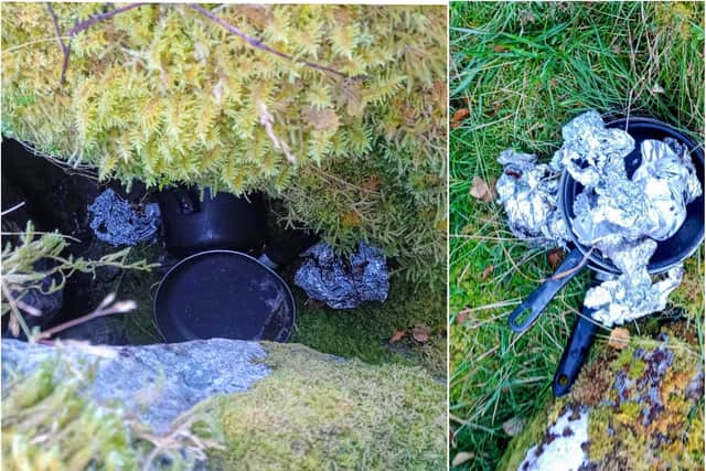A mossy crevice in the glen has been used to hide several camping pans and tin foil, rangers said.