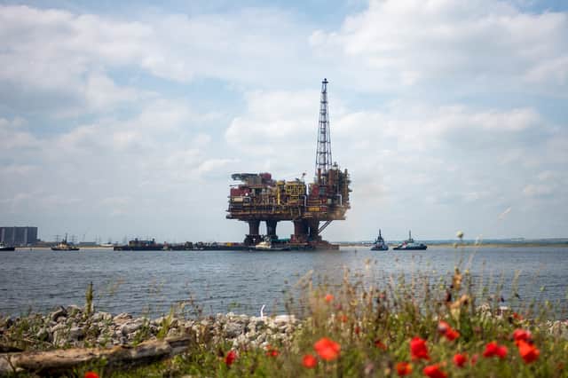 The Brent Charlie oil rig is towed into the mouth of the River Tees as it heads for dismantling (Picture: Ian Forsyth)