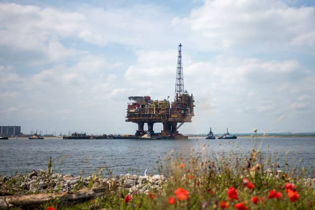 The Brent Charlie oil rig is towed into the mouth of the River Tees as it heads for dismantling (Picture: Ian Forsyth)