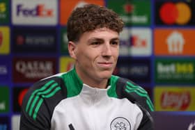 Arne Engels addresses a press conference on the eve of the Celtic's Champions League match against Borussia Dortmund at the Signal Iduna Park. (Photo by INA FASSBENDER/AFP via Getty Images)