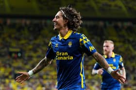 Ex-Rangers forward Fabio Silva celebrates after scoring his first goal for Las Palmas in the 3-1 defeat to Villareal. (Photo by Aitor Alcalde/Getty Images)