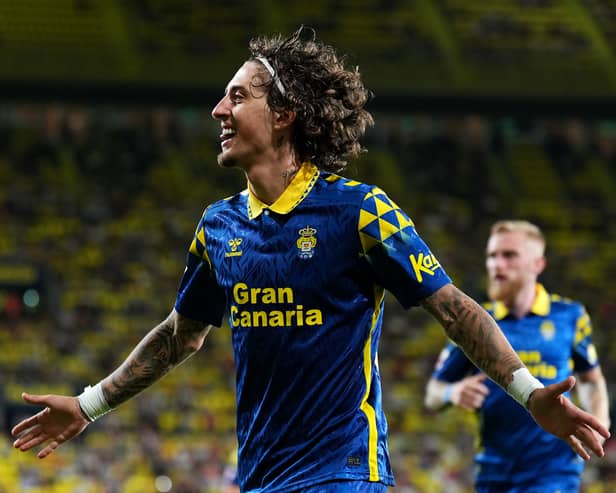 Ex-Rangers forward Fabio Silva celebrates after scoring his first goal for Las Palmas in the 3-1 defeat to Villareal. (Photo by Aitor Alcalde/Getty Images)