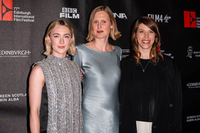 Actor Saoirse Ronan, writer Amy Liptrot and director Nora Fingscheidt attend the opening gala world premiere of The Outrun during the Edinburgh International Festival in August (Photo by Euan Cherry/Getty Images)