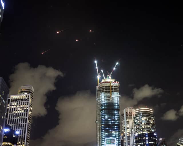 Projectiles are intercepted by Israel above Tel Aviv as air raid sirens sound a day after the army launched ground operations into southern Lebanon targeting Hezbollah positions.