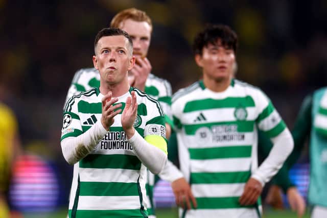 Celtic captain Callum McGregor grimaces after the team's humbling defeat by Dortmund.