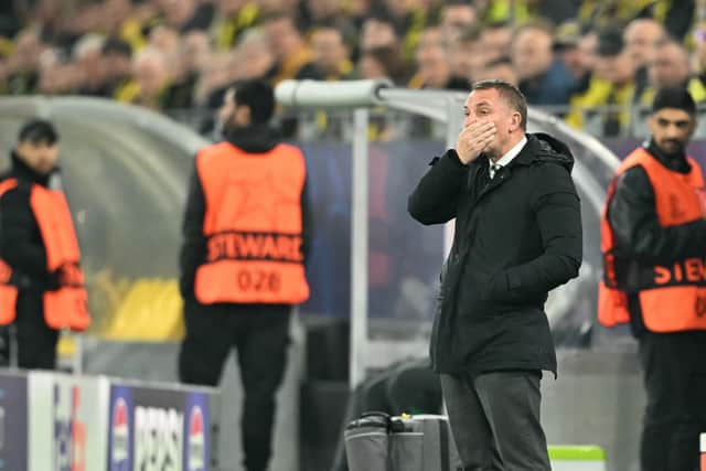 Celtic manager Brendan Rodgers watches on aghast from the touchline.