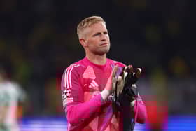 Kasper Schmeichel looks dejected following the 7-1 defeat to Borussia Dortmund on Wednesday. Cr: Getty Images.