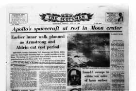 The front page of The Scotsman on July 21, 1969 which carried events of the first Moon landing through the night before. The timing of the story from space lead to a second edition that day.