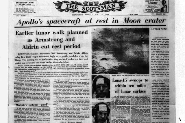 The full page which shows the right-hand column left open to the wire for the latest updates from the Moon. PIC: The Scotsman.